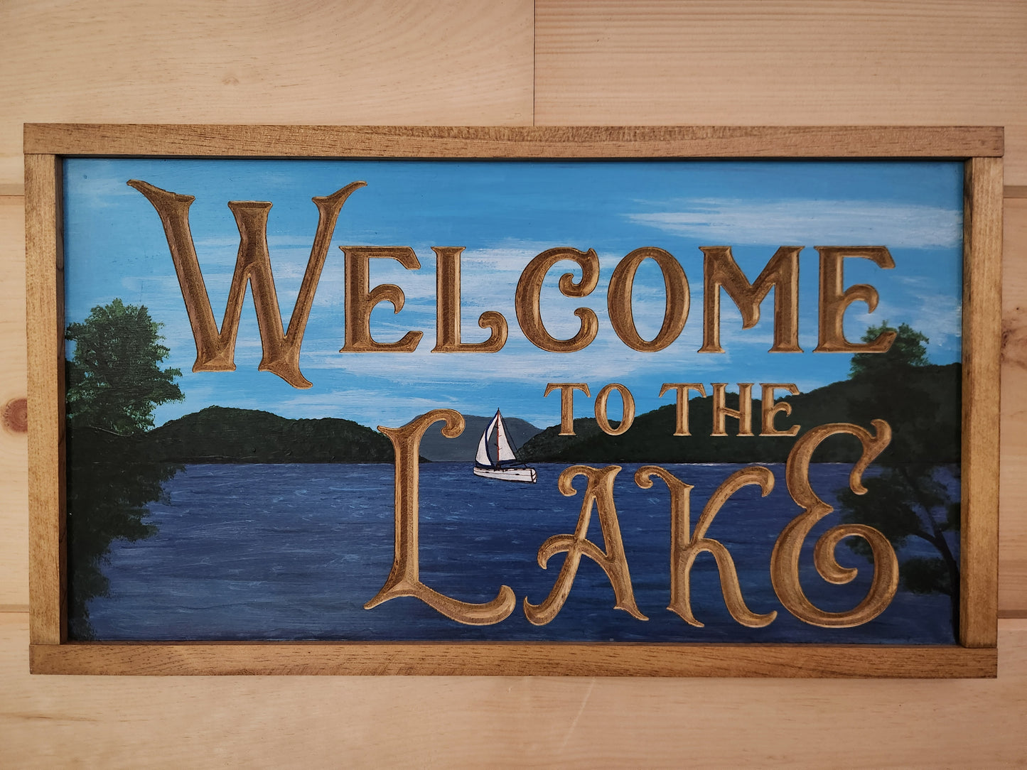 Hand Painted "Welcome to the Lake" with Sailboat