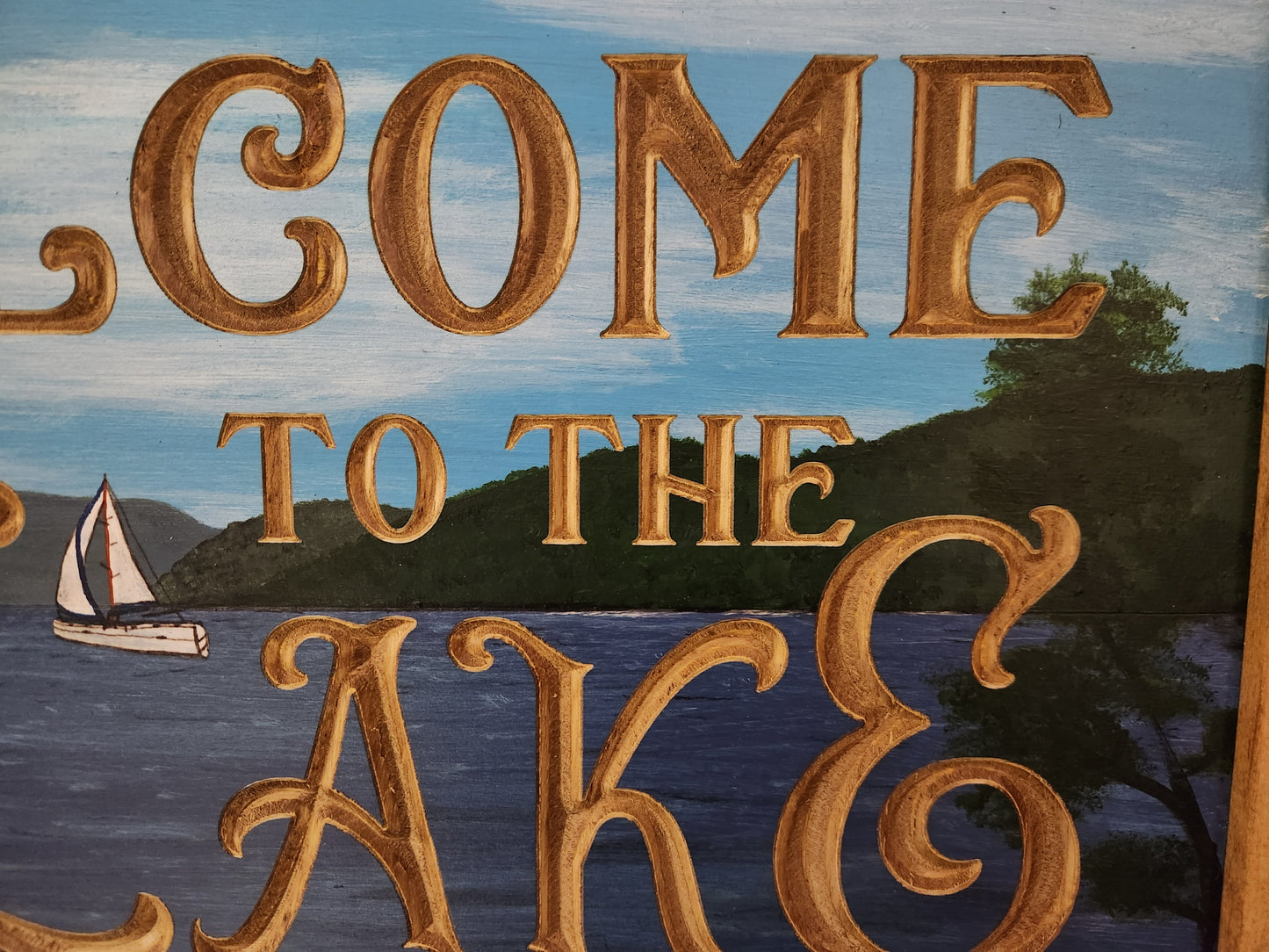 Hand Painted "Welcome to the Lake" with Sailboat