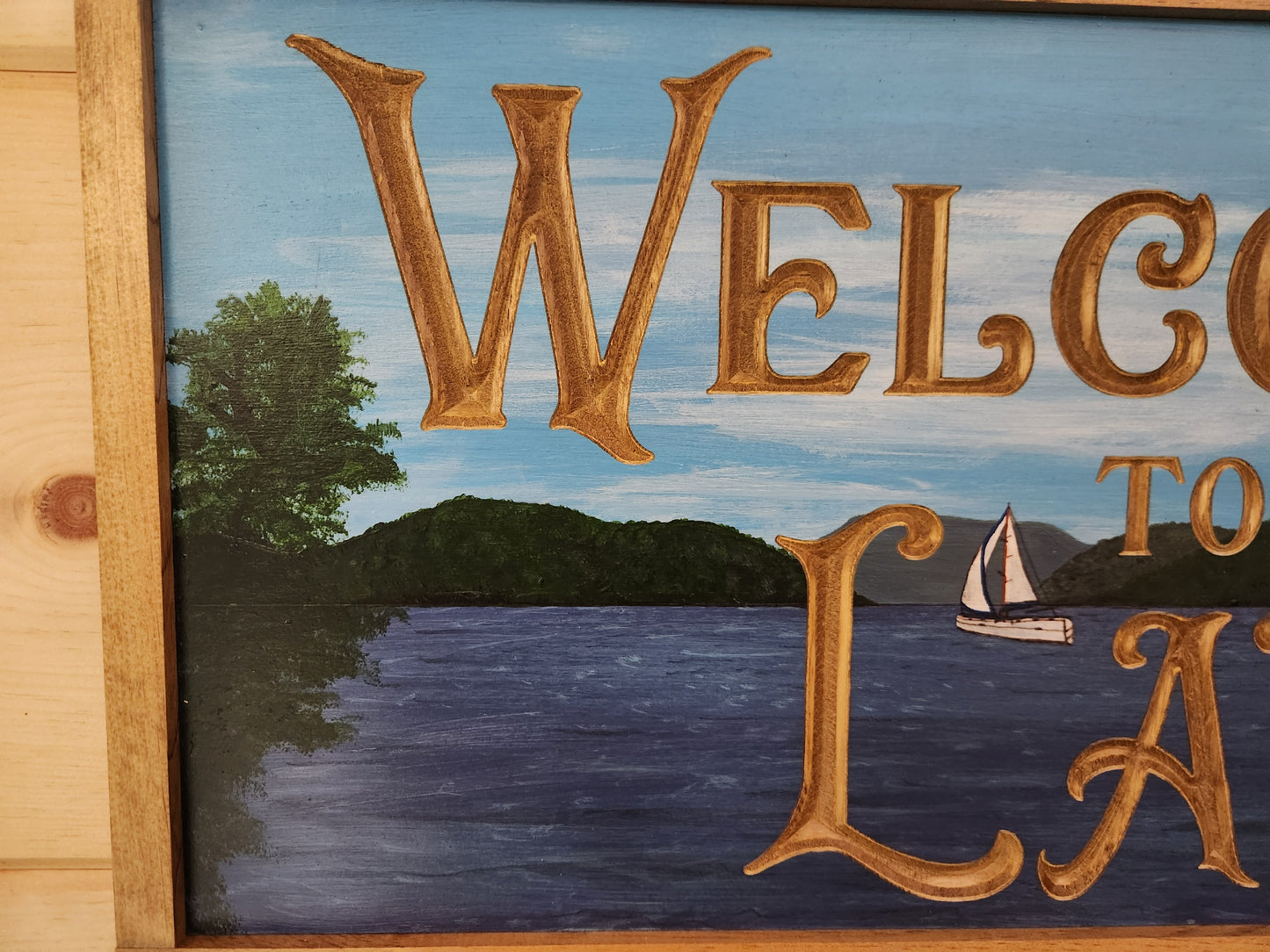 Hand Painted "Welcome to the Lake" with Sailboat
