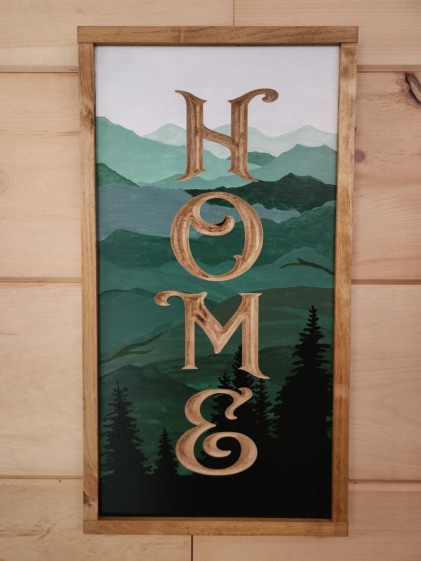 Hand Painted Modern-Rustic Vertical Landscape with carved "Home"
