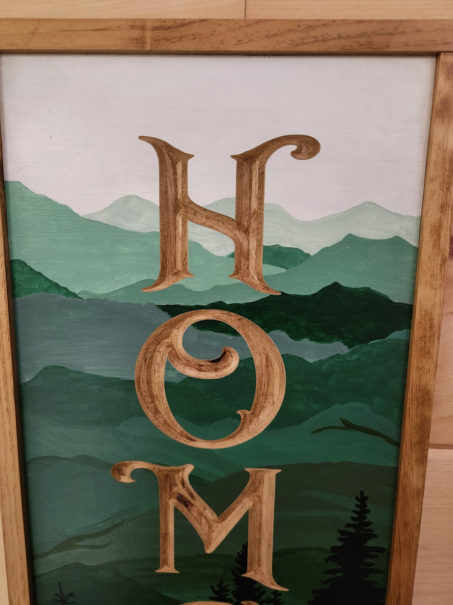 Hand Painted Modern-Rustic Vertical Landscape with carved "Home"