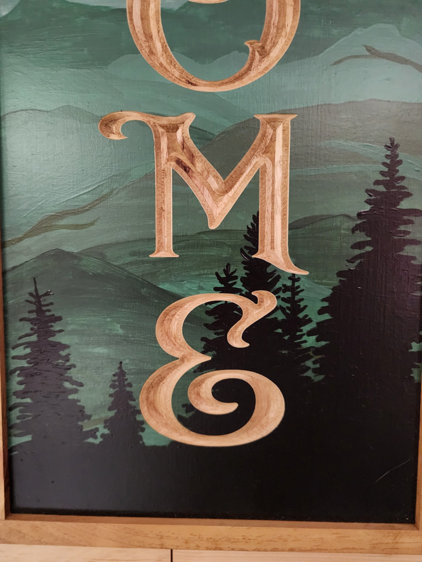 Hand Painted Modern-Rustic Vertical Landscape with carved "Home"