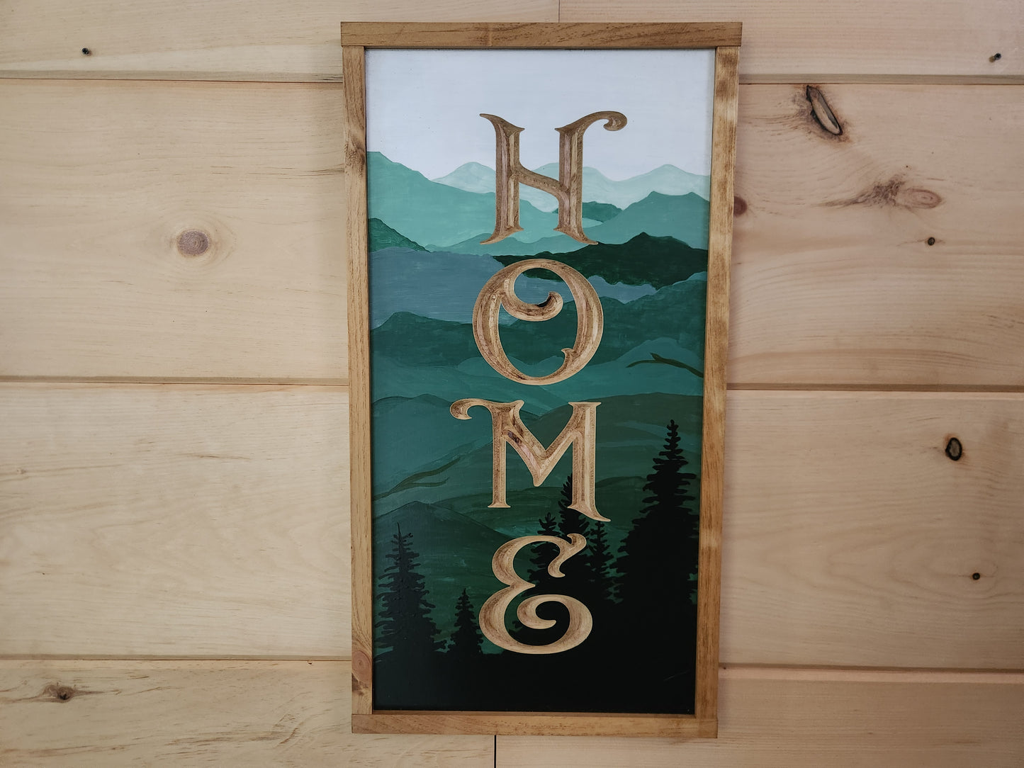 Hand Painted Modern-Rustic Vertical Landscape with carved "Home"